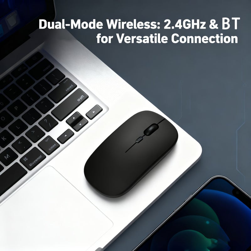 فأرة لاسلكية سوداء مزدوجة الوضع (2.4G وBT) بدقة 1600 DPI ونقر صامت - Image 1