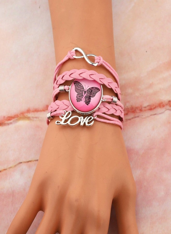 HOLLP Pink Ribbon Jewelry Breast Cancer Bracelet Cancer Survivor Gift Artificial Leather with Butterfly Infinite Inspirational Gift for Women Female (Pink) - Image 4
