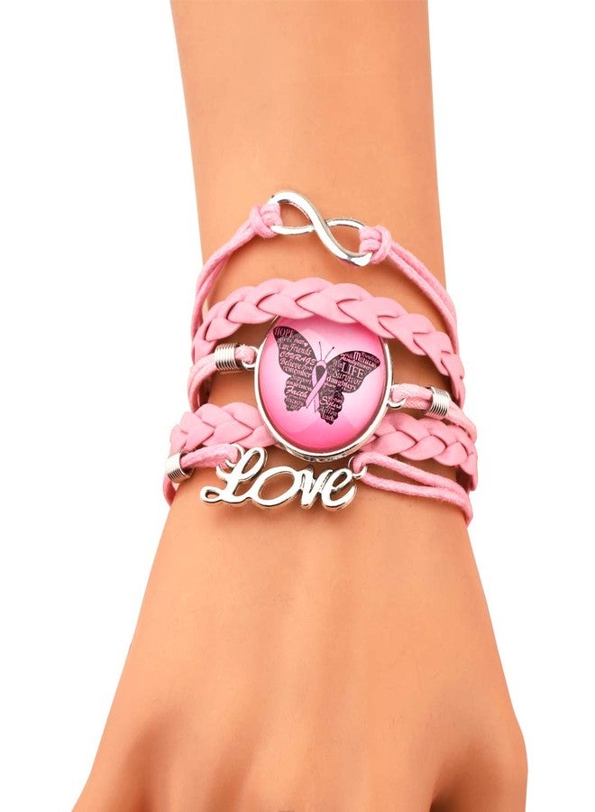 HOLLP Pink Ribbon Jewelry Breast Cancer Bracelet Cancer Survivor Gift Artificial Leather with Butterfly Infinite Inspirational Gift for Women Female (Pink) - Image 1