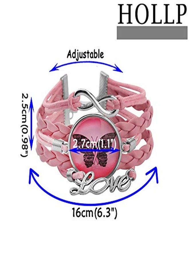 HOLLP Pink Ribbon Jewelry Breast Cancer Bracelet Cancer Survivor Gift Artificial Leather with Butterfly Infinite Inspirational Gift for Women Female (Pink) - Image 2