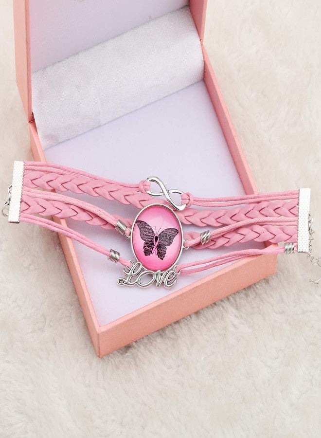 HOLLP Pink Ribbon Jewelry Breast Cancer Bracelet Cancer Survivor Gift Artificial Leather with Butterfly Infinite Inspirational Gift for Women Female (Pink) - Image 5