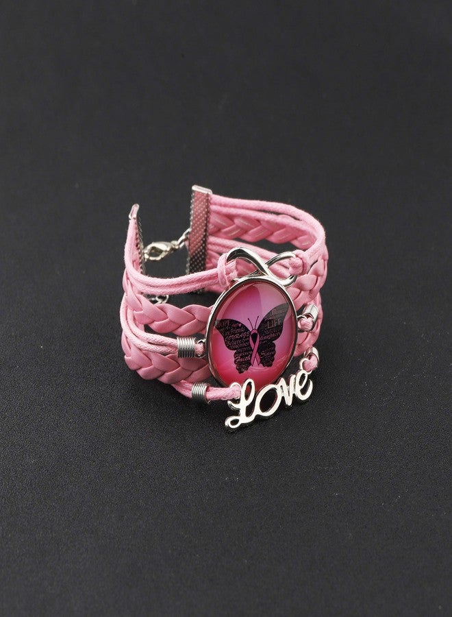 HOLLP Pink Ribbon Jewelry Breast Cancer Bracelet Cancer Survivor Gift Artificial Leather with Butterfly Infinite Inspirational Gift for Women Female (Pink) - Image 3