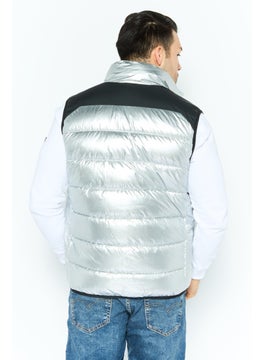 HUGO by Hugo Boss Men Mock Neck Brand Logo Puffer Vest Jacket, Silver  - Image 2