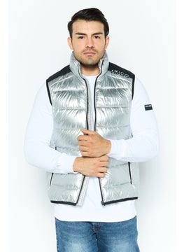 HUGO by Hugo Boss Men Mock Neck Brand Logo Puffer Vest Jacket, Silver  - Image 1
