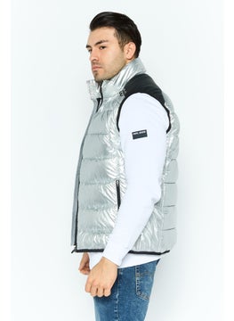 HUGO by Hugo Boss Men Mock Neck Brand Logo Puffer Vest Jacket, Silver  - Image 4