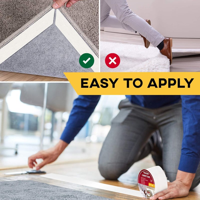 Trazon Carpet Tape Double Sided - Rug Tape Grippers for Hardwood Floors and Area Rugs - Carpet Binding Tape Strong Adhesive and Removable, Heavy Duty Stickers Grip Tape, Residue Free (2 Inch / 15 Yards) - Image 3