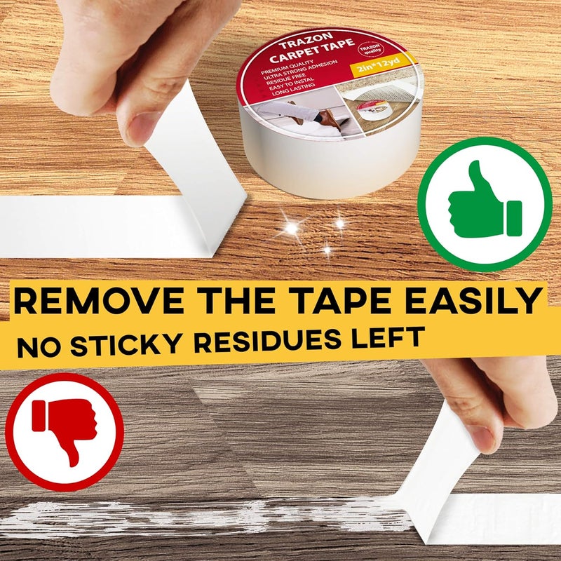 Trazon Carpet Tape Double Sided - Rug Tape Grippers for Hardwood Floors and Area Rugs - Carpet Binding Tape Strong Adhesive and Removable, Heavy Duty Stickers Grip Tape, Residue Free (2 Inch / 15 Yards) - Image 4