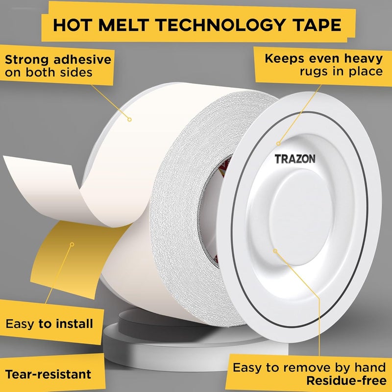 Trazon Carpet Tape Double Sided - Rug Tape Grippers for Hardwood Floors and Area Rugs - Carpet Binding Tape Strong Adhesive and Removable, Heavy Duty Stickers Grip Tape, Residue Free (2 Inch / 15 Yards) - Image 2