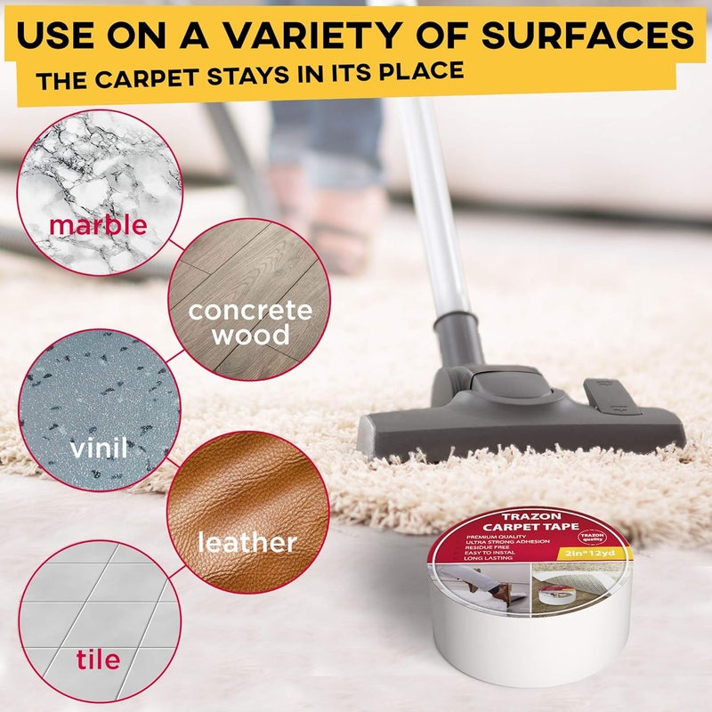 Trazon Carpet Tape Double Sided - Rug Tape Grippers for Hardwood Floors and Area Rugs - Carpet Binding Tape Strong Adhesive and Removable, Heavy Duty Stickers Grip Tape, Residue Free (2 Inch / 15 Yards) - Image 5