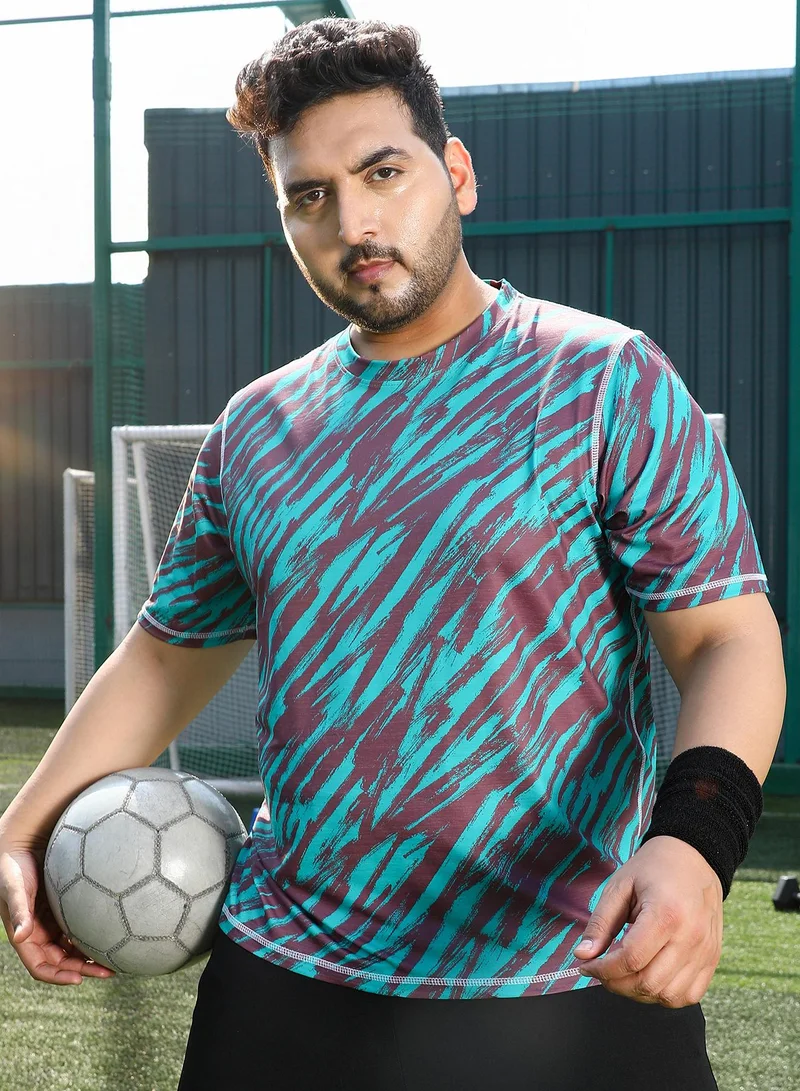 انستافاب بلس Instafab Plus Men's Aqua Blue & Charcoal Black Contrast-Stroke Activewear T-Shirt For Casual Wear | Crew Neck | Short Sleeves | Plus Size Jersey T-Shirt Crafted With Comfort Fit For Everyday Wear