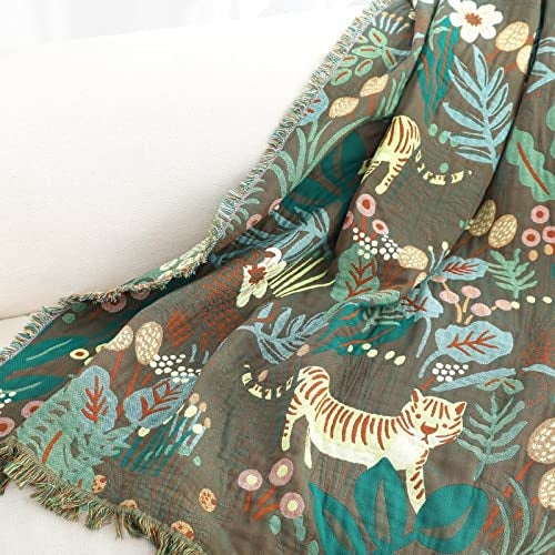 LUTBM Boho Throw Blanket for Bed 100% Cotton Ultra Soft Rustic Quilt Fall Blanket Forest Tiger Printed Farmhouse Decor Bed Blankets,60"×80" All Season Rustic Throw for Sofa Couch Chair - Image 3