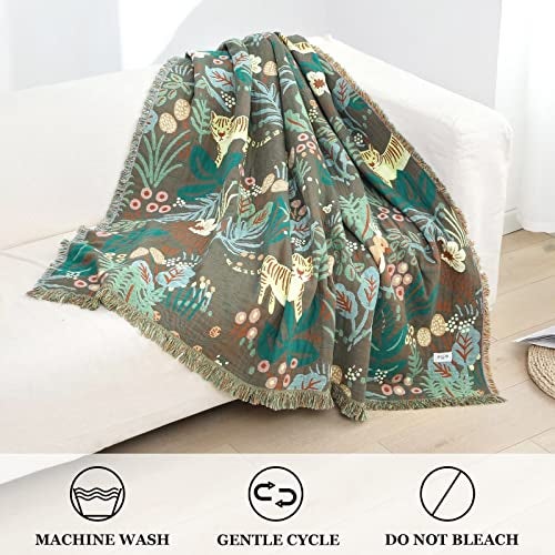 LUTBM Boho Throw Blanket for Bed 100% Cotton Ultra Soft Rustic Quilt Fall Blanket Forest Tiger Printed Farmhouse Decor Bed Blankets,60"×80" All Season Rustic Throw for Sofa Couch Chair - Image 4