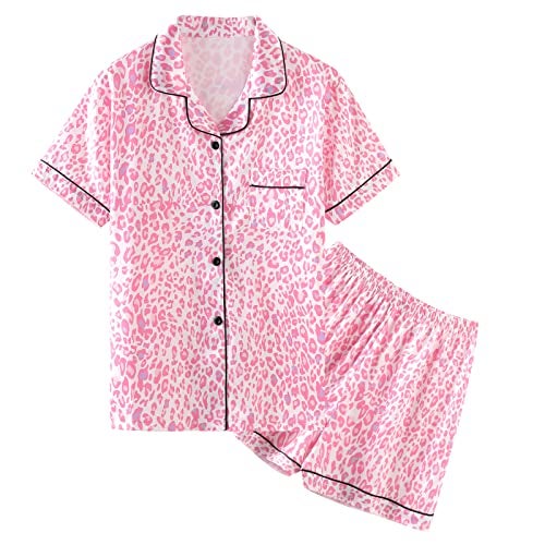 Umeyda Girls Silk Satin Pajamas Set Cute Sleepwear Button Down Short Sleeve Lounge Shorts Set for Kids, Baby Pink Leopard, 9-10 Years = Tag 150 - Image 1