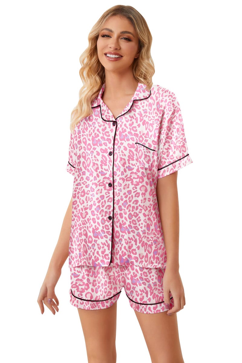 Umeyda Girls Silk Satin Pajamas Set Cute Sleepwear Button Down Short Sleeve Lounge Shorts Set for Kids, Baby Pink Leopard, 9-10 Years = Tag 150 - Image 5
