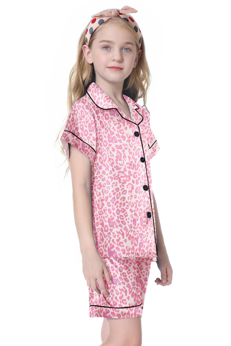 Umeyda Girls Silk Satin Pajamas Set Cute Sleepwear Button Down Short Sleeve Lounge Shorts Set for Kids, Baby Pink Leopard, 9-10 Years = Tag 150 - Image 4