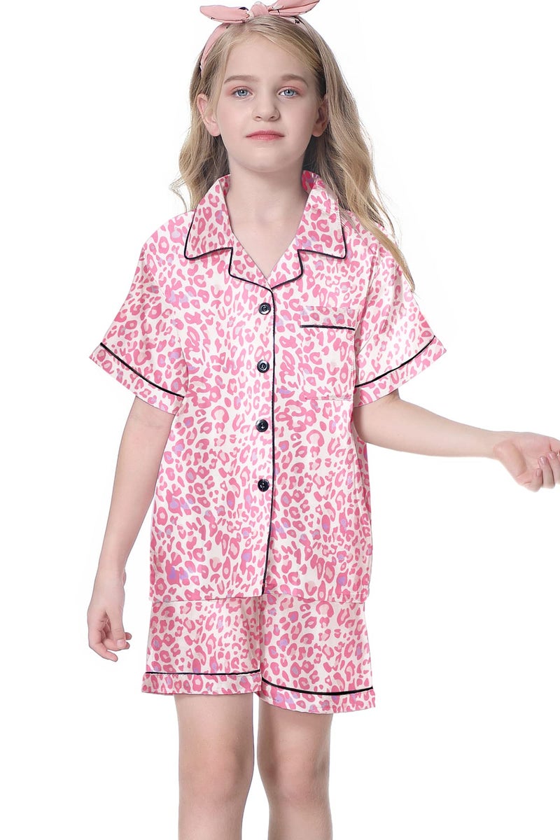 Umeyda Girls Silk Satin Pajamas Set Cute Sleepwear Button Down Short Sleeve Lounge Shorts Set for Kids, Baby Pink Leopard, 9-10 Years = Tag 150 - Image 3