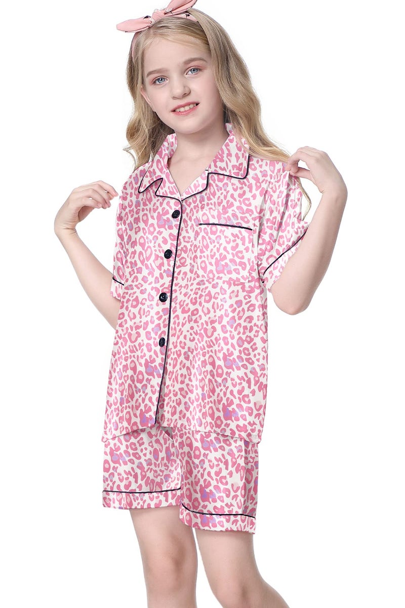 Umeyda Girls Silk Satin Pajamas Set Cute Sleepwear Button Down Short Sleeve Lounge Shorts Set for Kids, Baby Pink Leopard, 9-10 Years = Tag 150 - Image 2