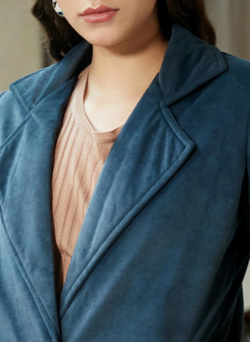 Campus Sutra Women's Ocean Blue Single-Breasted Suede Long Coat