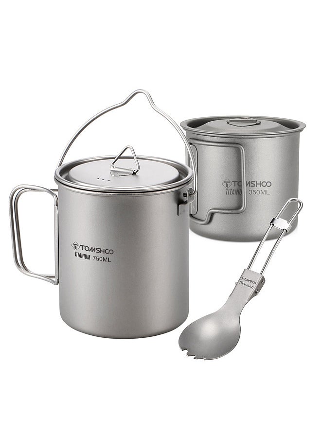 TOMSHOO Lightweight Titanium Cup Ki 750ml Pot and 350ml Water Cup Mug with Lid, Foldable Spoon,  for Outdoor Camping Hiking Backpacking  - Image 3