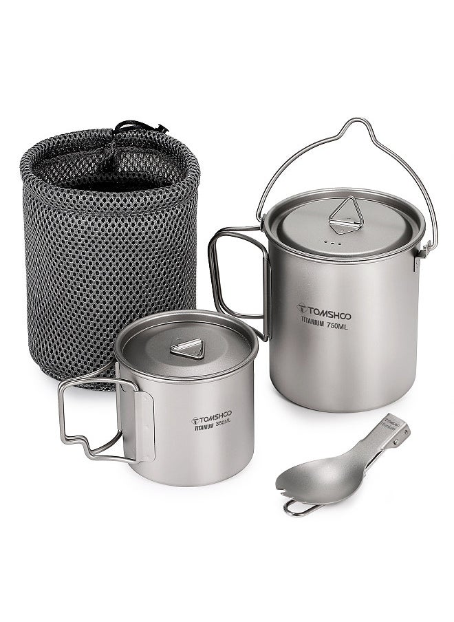 TOMSHOO Lightweight Titanium Cup Ki 750ml Pot and 350ml Water Cup Mug with Lid, Foldable Spoon,  for Outdoor Camping Hiking Backpacking  - Image 4