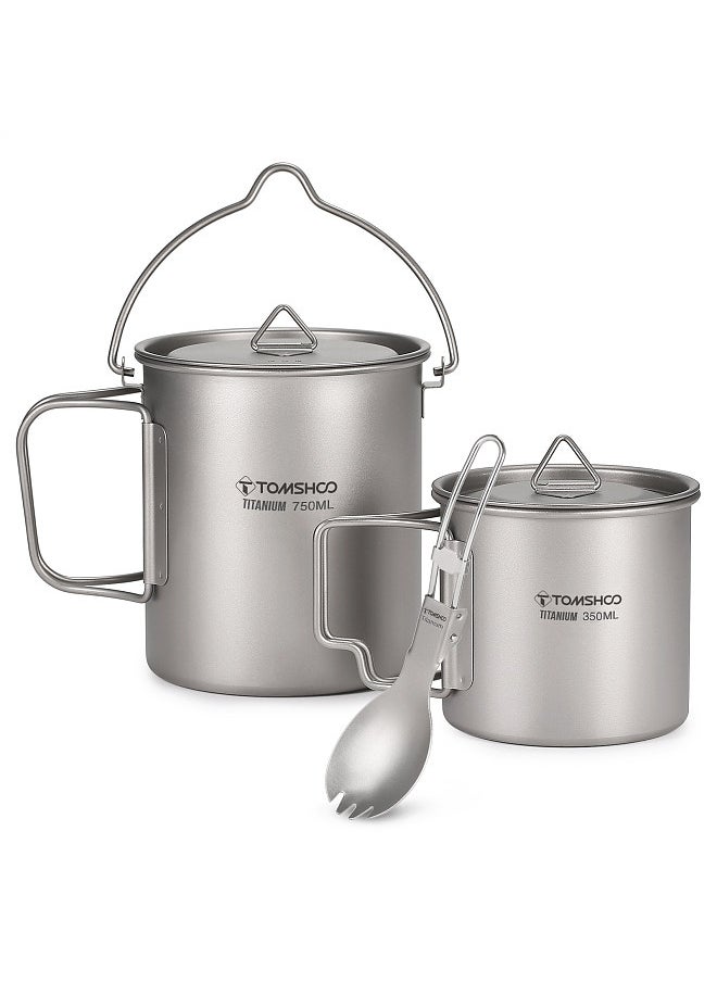 TOMSHOO Lightweight Titanium Cup Ki 750ml Pot and 350ml Water Cup Mug with Lid, Foldable Spoon,  for Outdoor Camping Hiking Backpacking  - Image 1