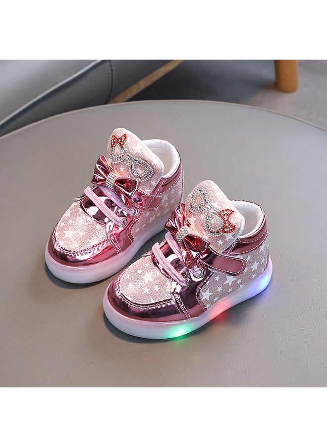 Spring And Autumn Girls' Cute Bow Children Led Light-up Small Leather Boots Women's Bright Diamond Fashion Sneaker