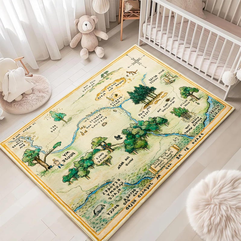 Estmy 4x6 Cute Woodland Nursery Rugs for Girls Boys Neutral Non Slip Washable, Stain Resistant Soft Shaggy Cartoon Fun Map Kids Playroom Rug, Vintage Whimsical Retro Area Rugs Carpet for Kids Bedroom - Image 1