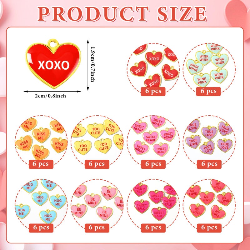 DTOFOOT 60 Pcs Valentine Charms, Valentines Day Heart Conversation Candy Alloy Charms, Heart Pendants for Jewelry Making Bracelets Necklace DIY, Colorful Valentine's Gift - Image 2