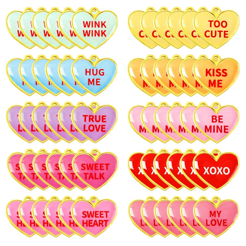 DTOFOOT 60 Pcs Valentine Charms, Valentines Day Heart Conversation Candy Alloy Charms, Heart Pendants for Jewelry Making Bracelets Necklace DIY, Colorful Valentine's Gift - Image 1