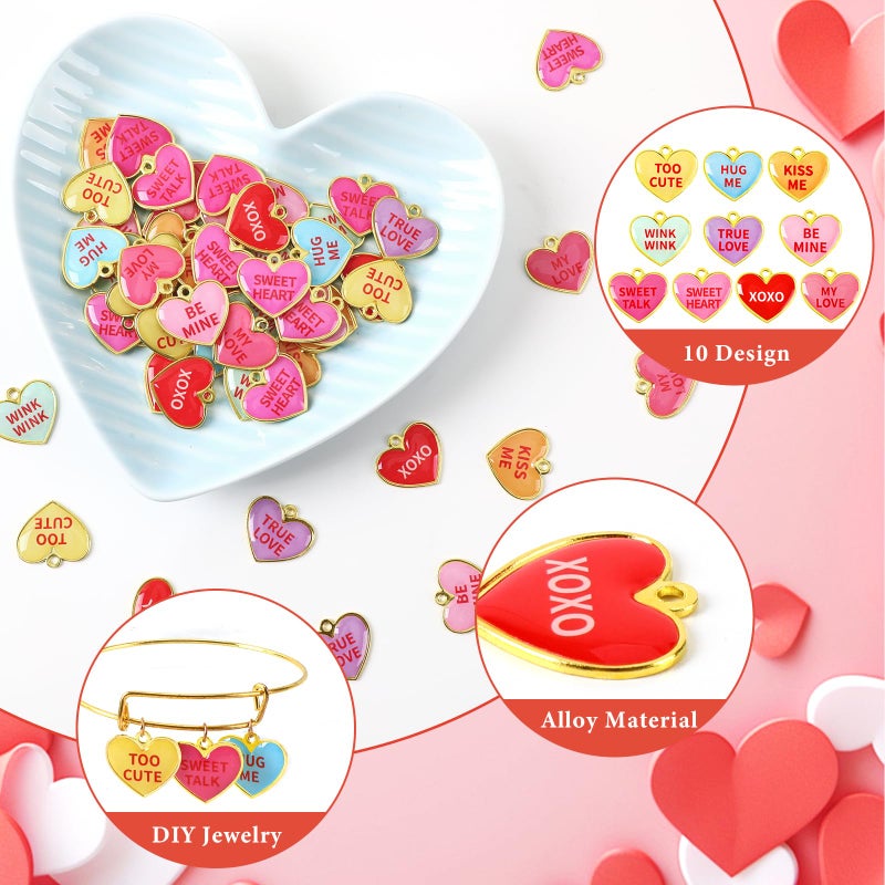 DTOFOOT 60 Pcs Valentine Charms, Valentines Day Heart Conversation Candy Alloy Charms, Heart Pendants for Jewelry Making Bracelets Necklace DIY, Colorful Valentine's Gift - Image 3