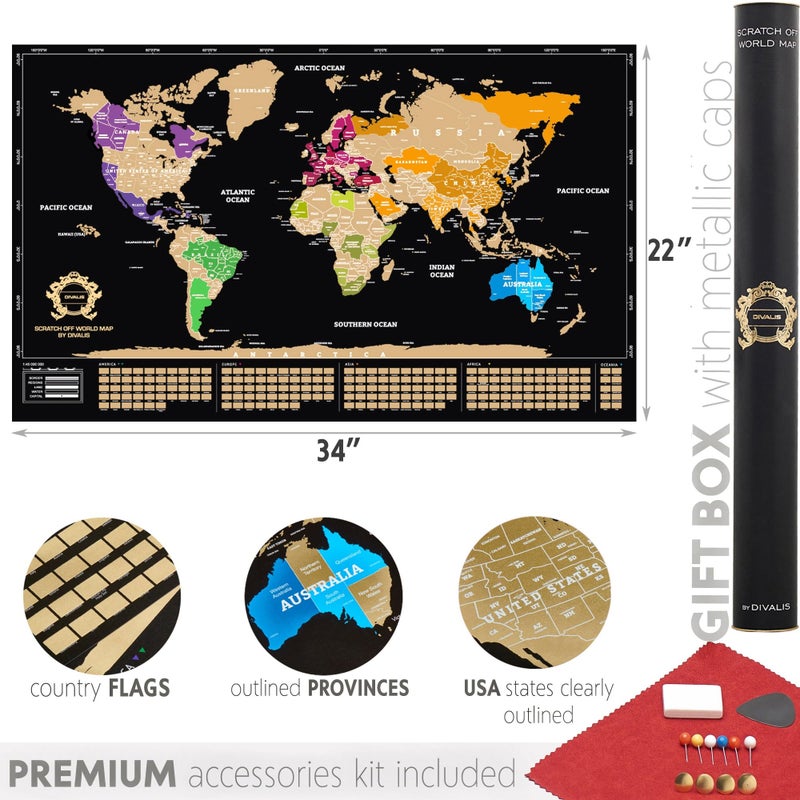 Divalis 2 in 1 Gift Set - Scratch Off World Map and US Scratch off Map - Easy to Frame Scratchable World and United States of America Posters - Globetrotters Wall Map - Black and Gold Travel Tracker - Image 4