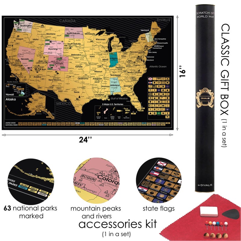 Divalis 2 in 1 Gift Set - Scratch Off World Map and US Scratch off Map - Easy to Frame Scratchable World and United States of America Posters - Globetrotters Wall Map - Black and Gold Travel Tracker - Image 5