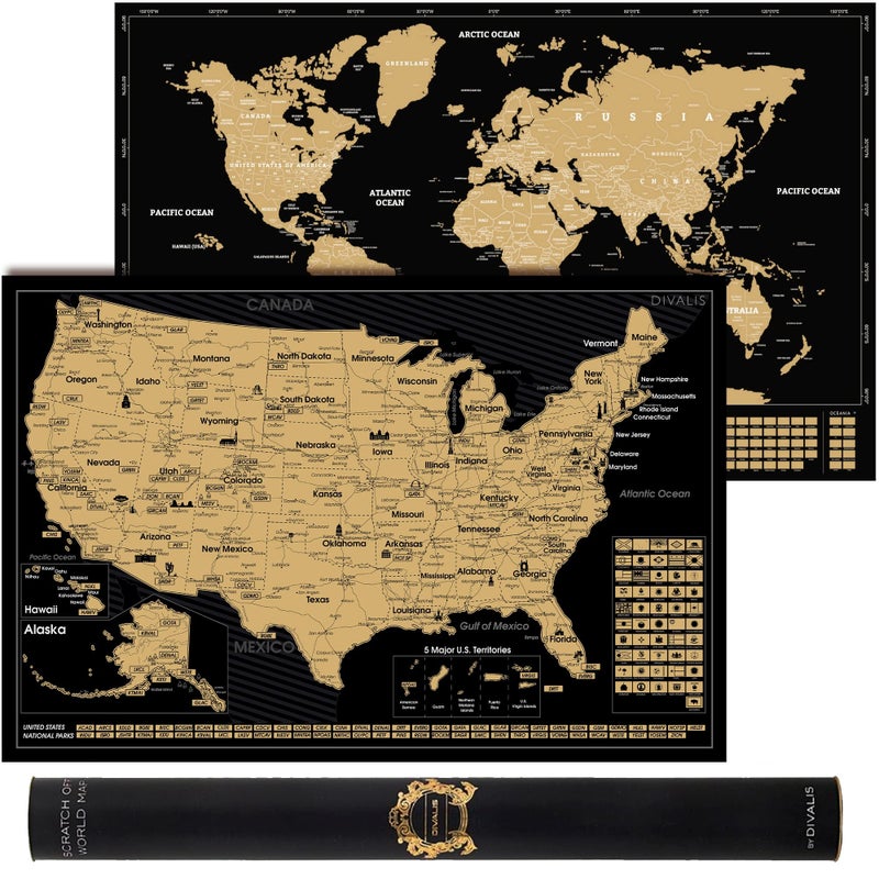 Divalis 2 in 1 Gift Set - Scratch Off World Map and US Scratch off Map - Easy to Frame Scratchable World and United States of America Posters - Globetrotters Wall Map - Black and Gold Travel Tracker - Image 1
