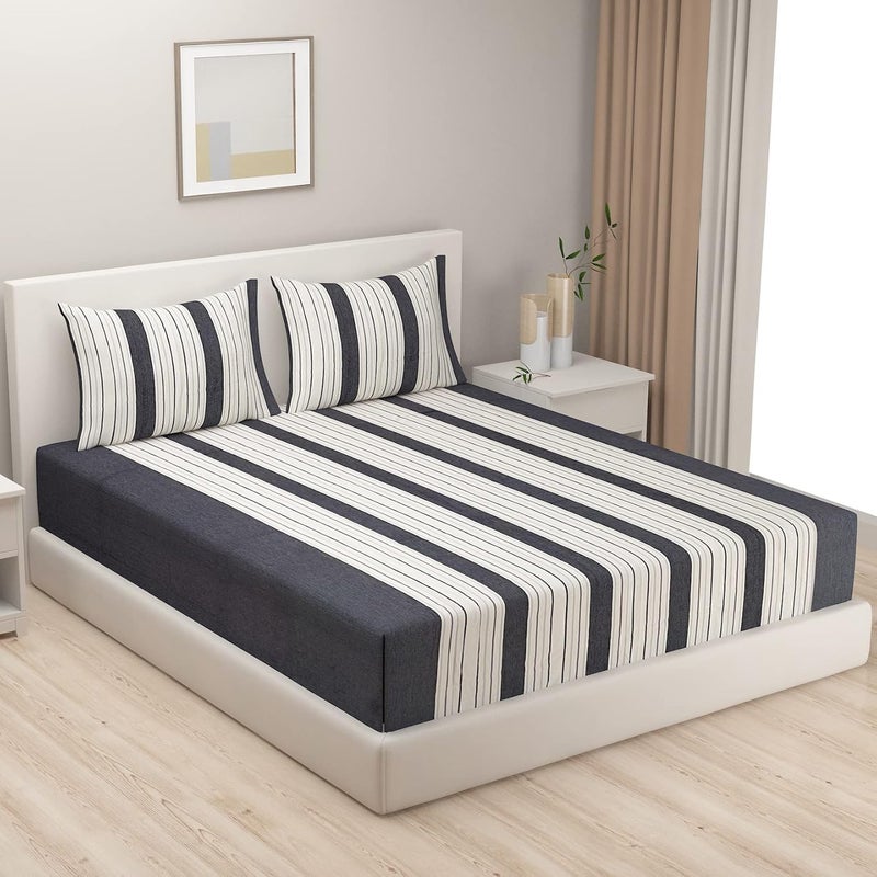 Swayam Swayam Off-White Black Premium 100% Cotton Yarn Dyed Twill Weave Bedsheet with 2 Pillow Covers - Colorfast, Skin-Friendly, Breathable  - Image 1
