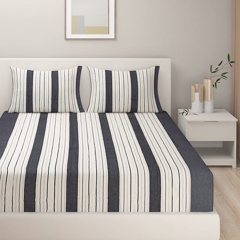 Swayam Swayam Off-White Black Premium 100% Cotton Yarn Dyed Twill Weave Bedsheet with 2 Pillow Covers - Colorfast, Skin-Friendly, Breathable  - Image 2