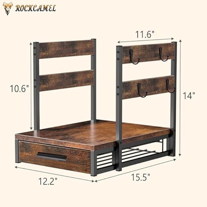 ROCKCAMEL رف تخزين من الخشب الصلب، رف تخزين لآلات القهوة بسعة 63 كبسولة، حامل متين لآلات القهوة مع درج تخزين للكبسولات للمطبخ أو سطح المكتب - Image 3