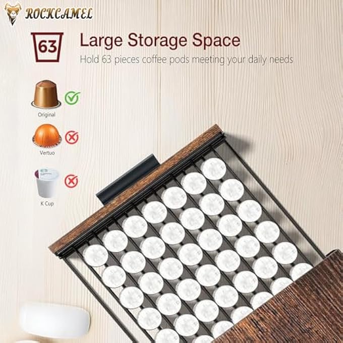ROCKCAMEL رف تخزين من الخشب الصلب، رف تخزين لآلات القهوة بسعة 63 كبسولة، حامل متين لآلات القهوة مع درج تخزين للكبسولات للمطبخ أو سطح المكتب - Image 5