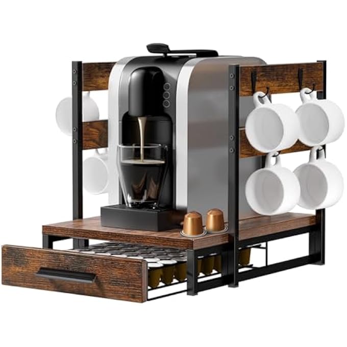 ROCKCAMEL رف تخزين من الخشب الصلب، رف تخزين لآلات القهوة بسعة 63 كبسولة، حامل متين لآلات القهوة مع درج تخزين للكبسولات للمطبخ أو سطح المكتب - Image 2