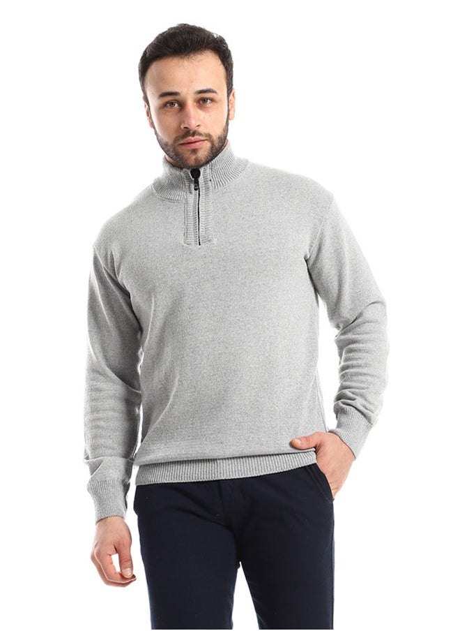 Andora - Zipper Closure Grey Knitted Sweater - Image 1