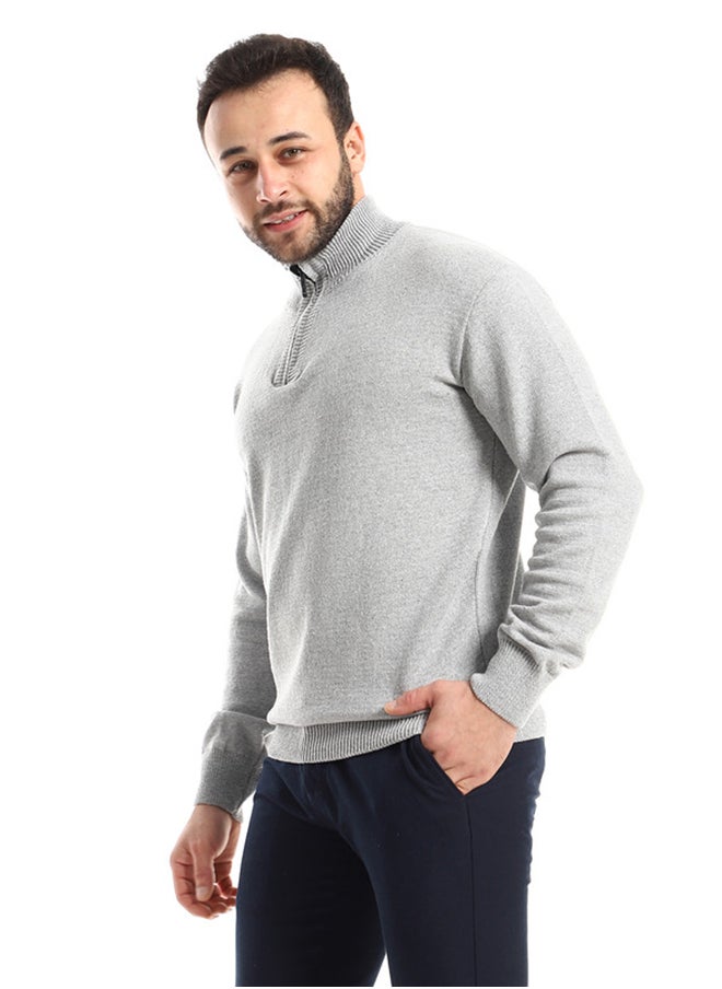 Andora - Zipper Closure Grey Knitted Sweater - Image 1