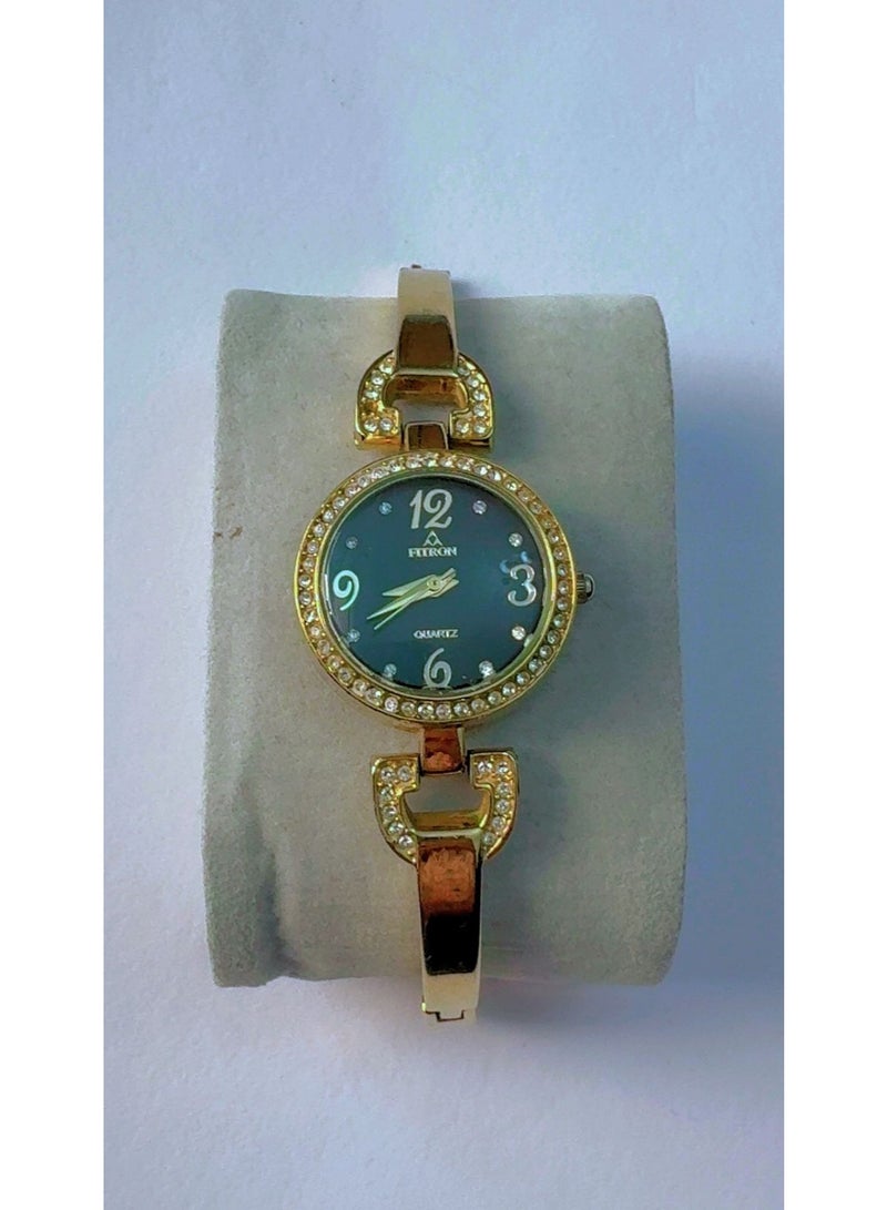 FITRON Luxury Women's Analogue Quartz Watch - Elegant Gold-Plated Bangle Bracelet Wristwatch with Rhinestone-Bezel & Round Dark Dial, Water Resistant, Model NO:8484L (Brand New) - Image 1