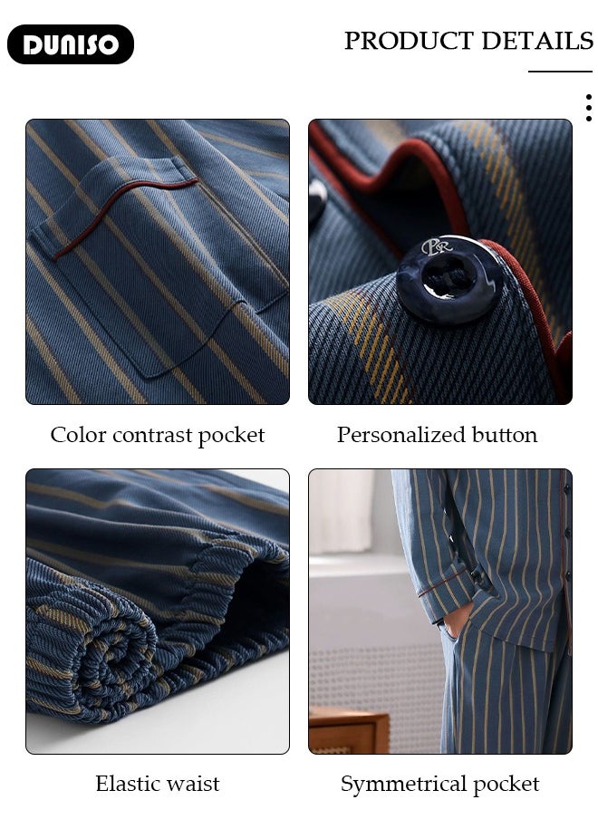 DUNISO Men's Pajamas Set, Cotton Button-up Pajamas, V-Neck Long-sleeved Top with Pocket and Soft Long Pants, Comfortable Sleepwear, Casual Loungewear, Striped Homewear for Men  - Image 2