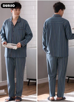 DUNISO Men's Pajamas Set, Cotton Button-up Pajamas, V-Neck Long-sleeved Top with Pocket and Soft Long Pants, Comfortable Sleepwear, Casual Loungewear, Striped Homewear for Men  - Image 3
