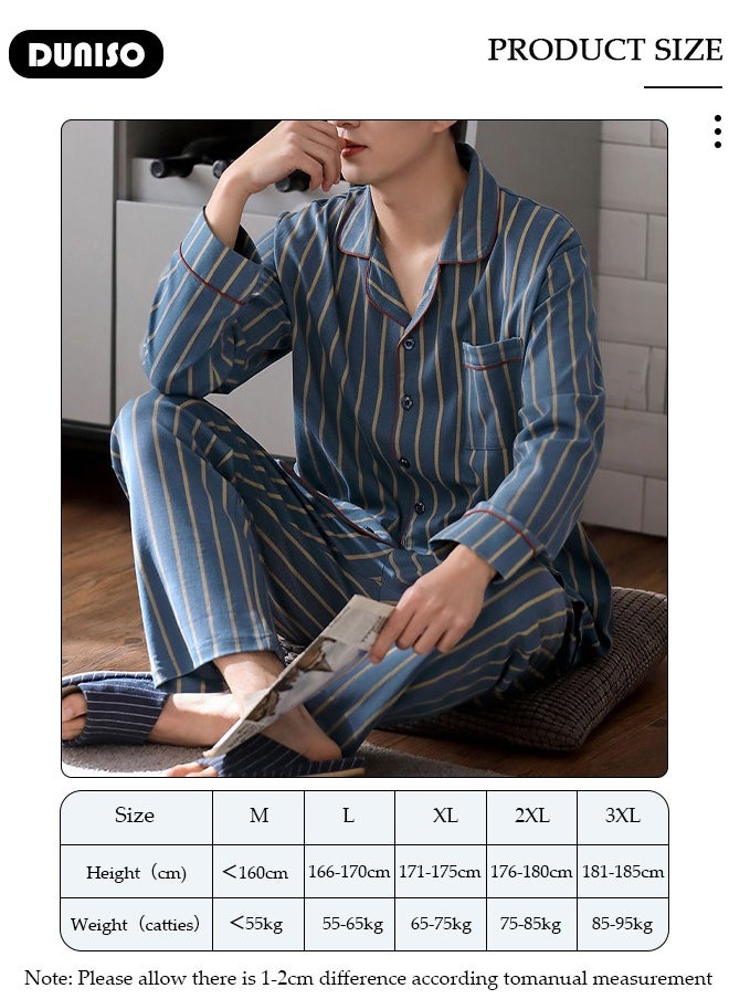 DUNISO Men's Pajamas Set, Cotton Button-up Pajamas, V-Neck Long-sleeved Top with Pocket and Soft Long Pants, Comfortable Sleepwear, Casual Loungewear, Striped Homewear for Men  - Image 4