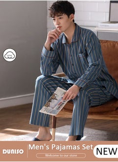 DUNISO Men's Pajamas Set, Cotton Button-up Pajamas, V-Neck Long-sleeved Top with Pocket and Soft Long Pants, Comfortable Sleepwear, Casual Loungewear, Striped Homewear for Men  - Image 1