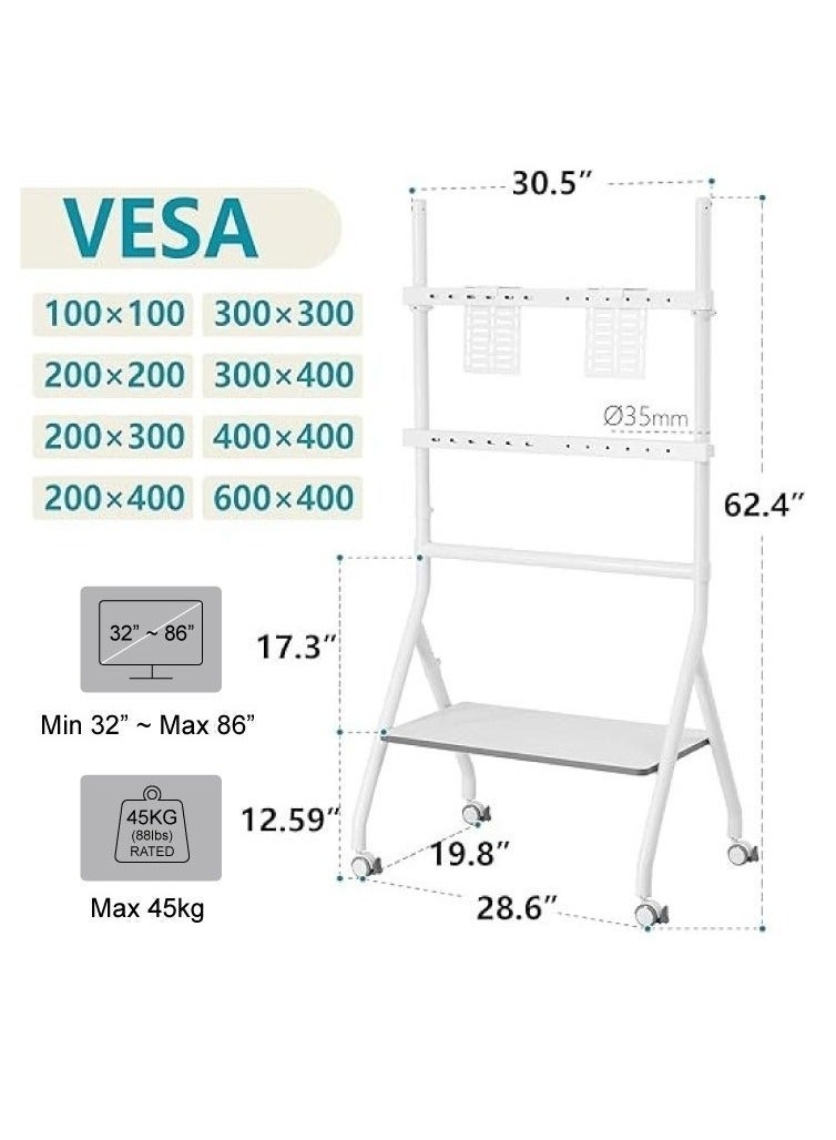 BEETEC Mobile TV Stand for 32–86 Inch Screens, Height Adjustable Rolling TV Cart with Lockable Wheels, VESA 600x400mm, Max Load 45 kg, Cable Management, Sliding Pivot, Shelf Load 10kg , White | TF-RG9W - Image 2