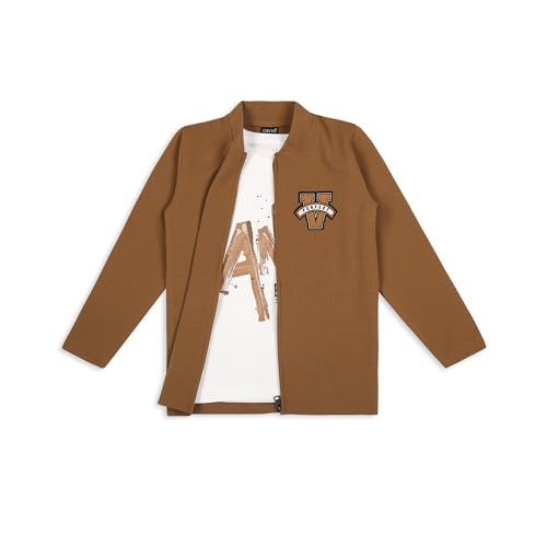 CAVIO Boys Cotton Blend Full Sleeves Zipper Jacket and T-Shirt Brown - Image 2