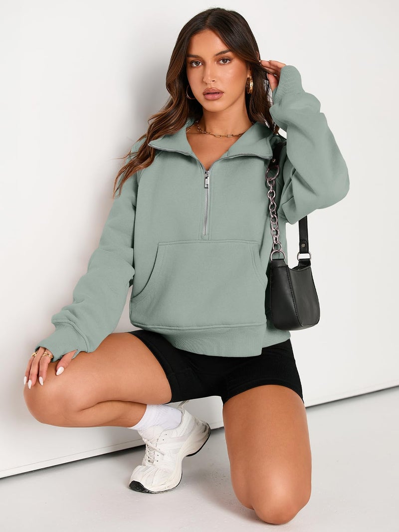 AUTOMET Womens Sweatshirts Half Zip Cropped Pullover Fleece Quarter Zipper Sweater Hoodies 2026 Fall Fashion Outfits Clothes Greygreen Medium - Image 4