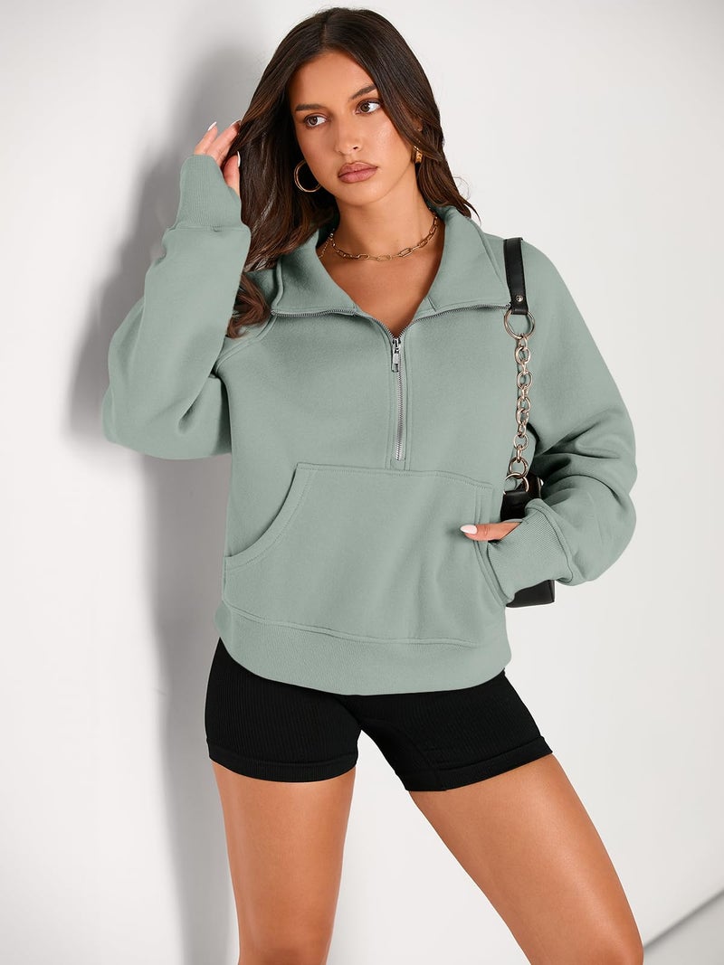 AUTOMET Womens Sweatshirts Half Zip Cropped Pullover Fleece Quarter Zipper Sweater Hoodies 2026 Fall Fashion Outfits Clothes Greygreen Medium - Image 2