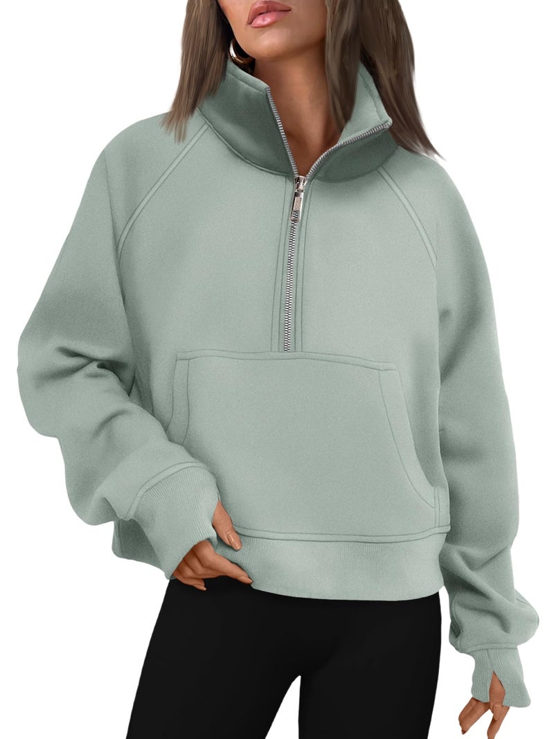 AUTOMET Womens Sweatshirts Half Zip Cropped Pullover Fleece Quarter Zipper Sweater Hoodies 2026 Fall Fashion Outfits Clothes Greygreen Medium - Image 1